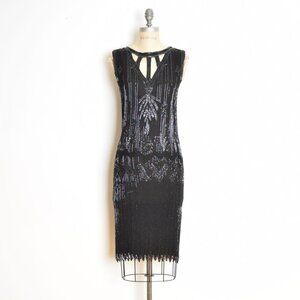 vintage 80s flapper dress black silk sequin beaded cutout cocktail party prom XS